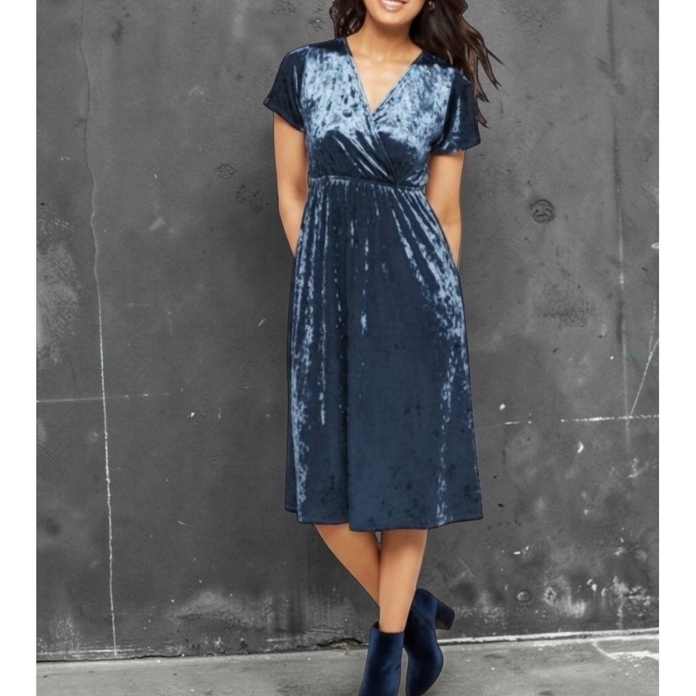 Stitch Fix Womens S Petite Velvet Empire Waist Mid Dress Blue Early Fall Jewel